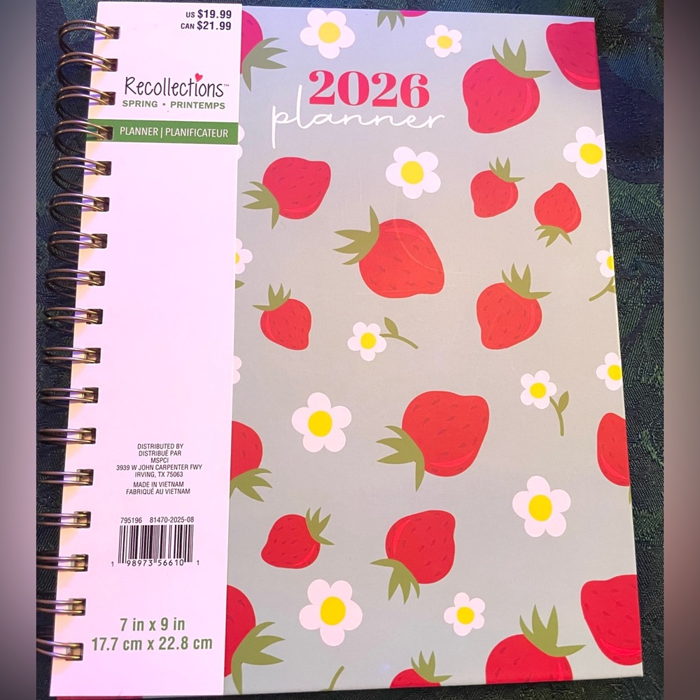 🍓Hardcover 2026 Organizational Spiral Planner, Blue with Strawberries & Flowers